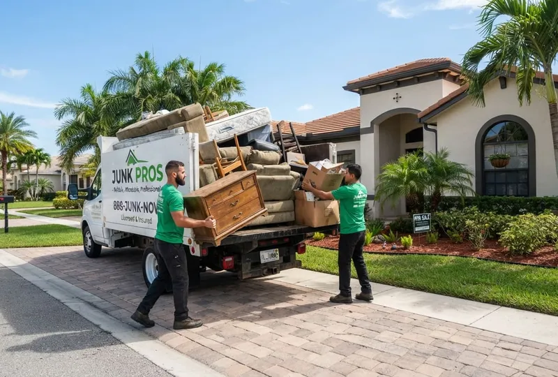 Junk removal crew loading household junk into a truck at a Coconut Creek home