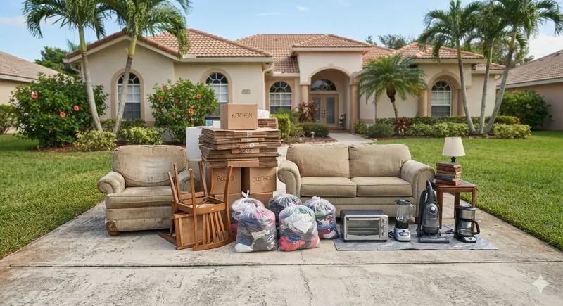 Crew carrying furniture out a front door for junk removal