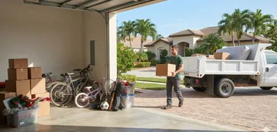 Household junk piled in driveway ready for haul away