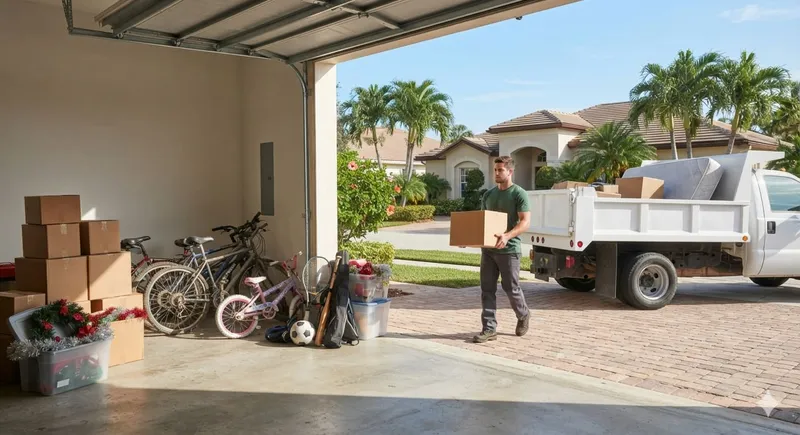 Household junk piled in driveway ready for haul away