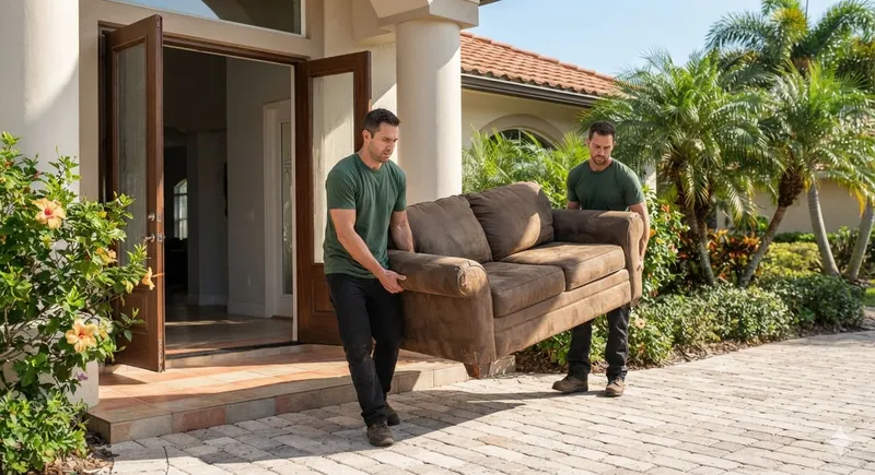 Crew loading a sofa onto a junk removal truck