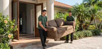 Crew loading a sofa onto a junk removal truck