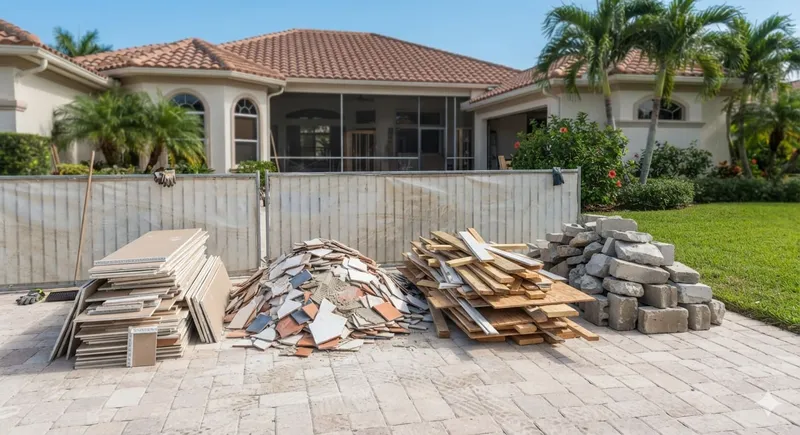 Pile of drywall and lumber scraps from a home renovation