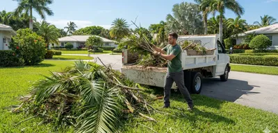 Pile of palm fronds and yard debris in a driveway