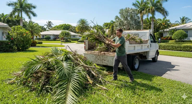 Pile of palm fronds and yard debris in a driveway