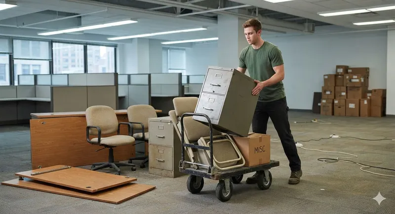 Office furniture being loaded from a commercial space